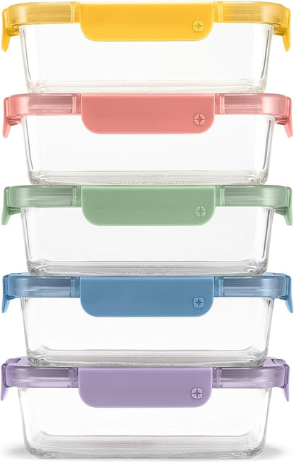 Ello Color Lock Glass Meal Prep Sets Leak-Proof Glass Food Storage Containers with Airtight BPA-Free Plastic Lids, Dishwasher, Microwave, and Freezer Safe