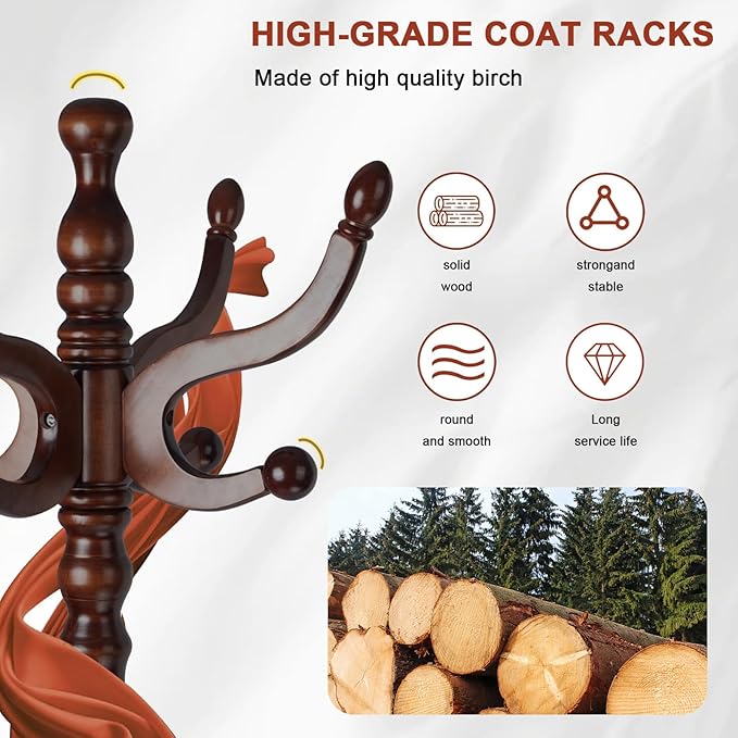 Wooden Coat rack freestanding, Coat racks stand with 11 Hook, Heavy duty coat tree standing 2 Adjustable Heights for Bedroom, Entryway, Hallway, Office,Stury Base (Brown triangle)