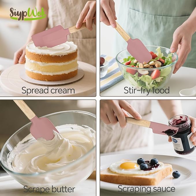 5 Pcs Silicone Spatula Set,Food Grade Silicone Spatula Nonstick Rubber Spatulas with Wooden Ergonomic Grip,Spoonula,Jar Scraper for Cooking,Baking,Mixing,Frosting-Heat Resistant Up to 428°F(Pink)
