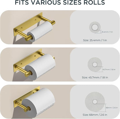 FORIOUS Toilet Paper Holder, Adhesive or Wall Mounted Options, Stainless Steel Rustproof Stick on no Drilling Double Post Pivoting Toilet Tissue Roll Holder Wall Mount for Bathroom, Brushed Gold
