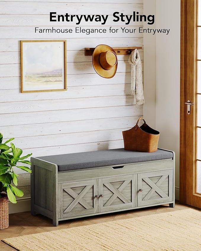 Pipishell 2-Tier Shoe Storage Bench with Cushioned Seat, Entryway Bench with Adjustable Shelf & Barn Doors, 300 lbs Capacity, 43.4" W x 16" D x 18" H, for Entryway, Bedroom, Living Room, Gray