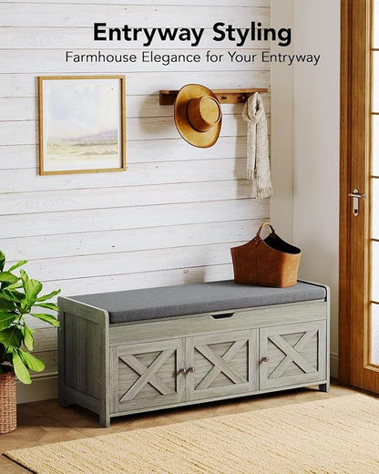Pipishell 2-Tier Shoe Storage Bench with Cushioned Seat, Entryway Bench with Adjustable Shelf & Barn Doors, 300 lbs Capacity, 43.4" W x 16" D x 18" H, for Entryway, Bedroom, Living Room, Gray
