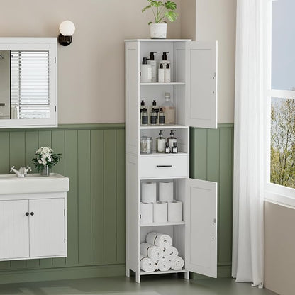 Homhedy 67" H Tall Bathroom Storage Cabinet with 2 Barn Doors and 1 Drawer, Narrow Storage Unit, Adjustable Shelves, Floor Cabinet for Bathroom, Living Room, Entryway, Kitchen, White, (15.7" W)