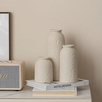 Large Decorative Ceramic Vase Set, 3 Pieces, Nordic Modern Boho Style, Berge Color, Modern Farmhouse for Home Decor (XL Beige Texture)