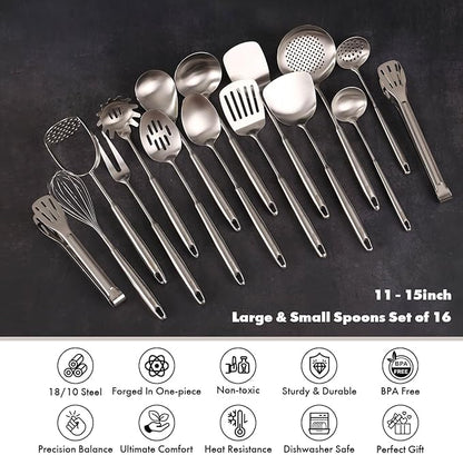 18/10 Stainless Steel Cooking Utensils Set - 16 PCS All Metal Serving Utensils, Kitchen Tools - Whisk, Masher, Fork, Tongs, Solid/Slotted Spoon, Spatula, Turner, Ladle, Skimmer, Pasta, Large Spoon Set