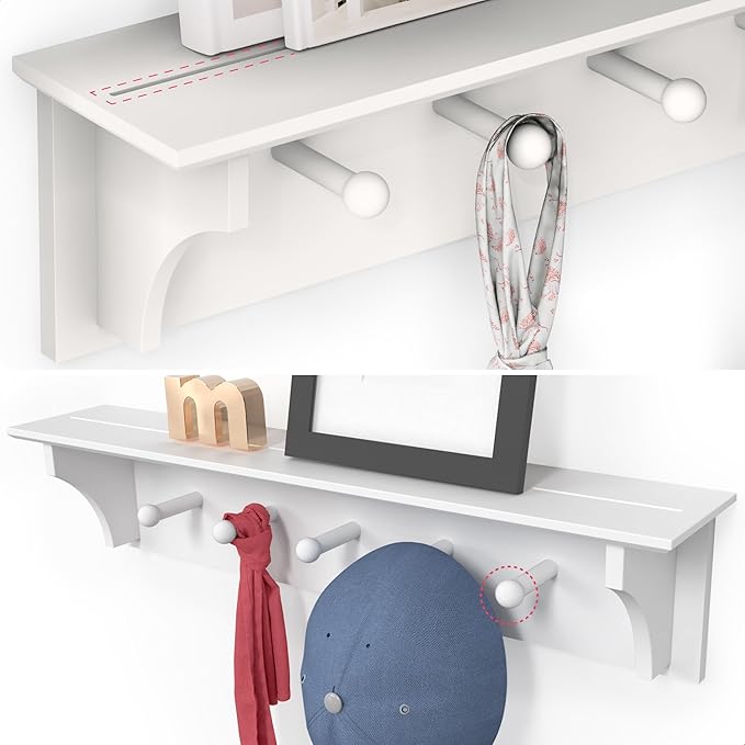 Ballucci Floating Coat and Hat Wall Shelf Rack, 5 Pegs Hook, 24", White