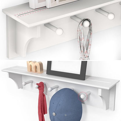 Ballucci Floating Coat and Hat Wall Shelf Rack, 5 Pegs Hook, 24", White