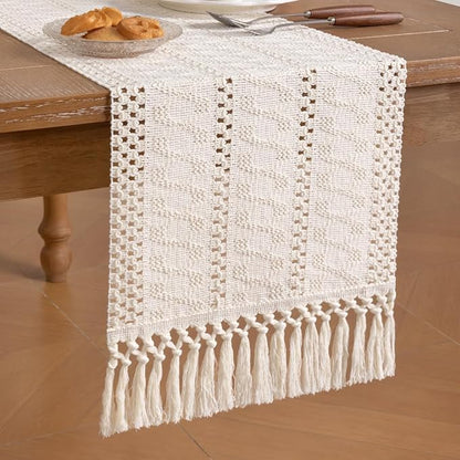 Socomi Boho Table Runner Valentine's Day Farmhouse Rustic Dining Kitchen Centerpiece Decor Small Macrame Woven Cotton Linen Coffee Table Runner for Dresser Scarf Home Decor 12x60 inch Cream Ivory