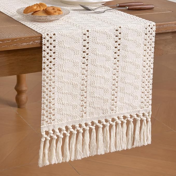 Socomi Boho Table Runner Macrame Long Valentine's Day Farmhouse Woven Cotton Linen Rustic Coffee Table Runner with Tassels for Dresser Scarf Home Decor Dining Room 12x108 inch Cream Ivory