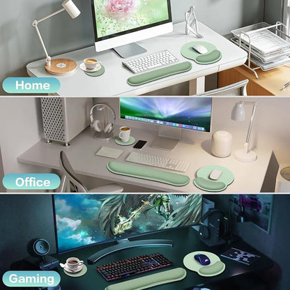 Mouse Pad with Wrist Rest Set, 3-in-1 Wrist Support Mousepad Set, Gaming Mat Pad with Anti-Skid Base,Ergonomic Mouse Pad Green,Memory Foam Gel Wrist Rest for Computer Keyboard