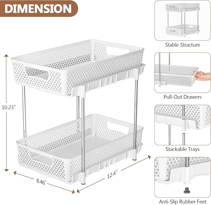 4 Pack Pull Out Bathroom Organizers and Storage, 2 Tier Stackable Under Sink Storage Organizer for Bathroom, Kitchen Cabinet, Pantry, and Medicine Holder, Organization and Storage - White