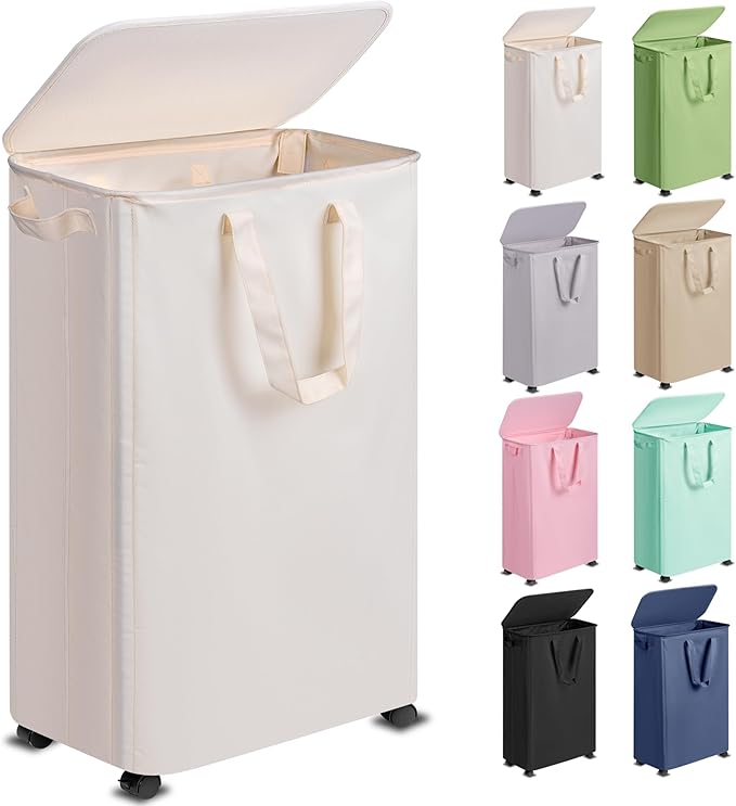 Vincona Slim Laundry Hamper with Lid and Wheels, Small Rolling Laundry Basket with Handle for Small Spaces, Tall Dirty Clothes Hampers for Dorm, Bathroom and Bedroom, 75L, Beige