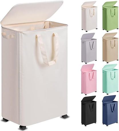 Vincona Slim Laundry Hamper with Lid and Wheels, Small Rolling Laundry Basket with Handle for Small Spaces, Tall Dirty Clothes Hampers for Dorm, Bathroom and Bedroom, 75L, Beige