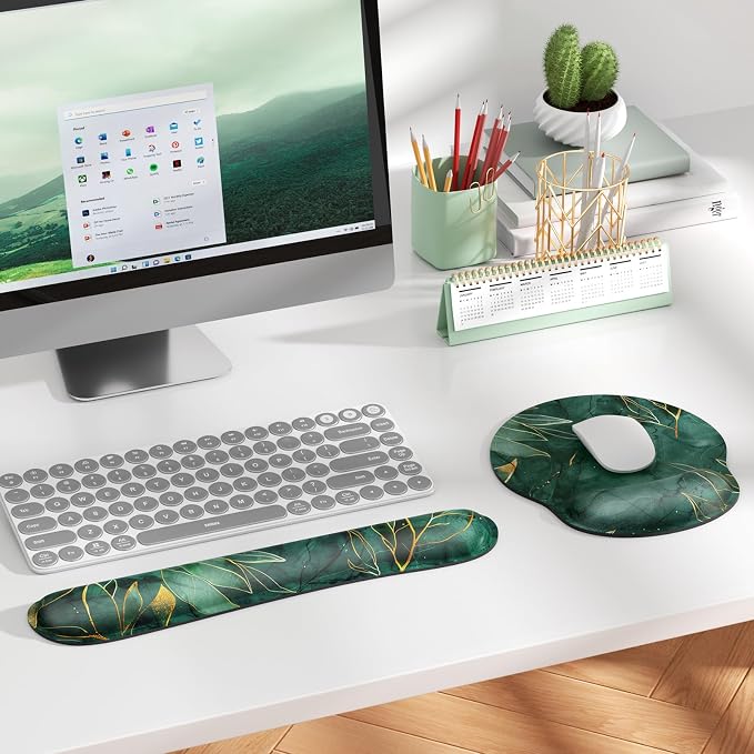 KTRIO Keyboard Wrist Rest & Mouse Pad with Wrist Rest Set, Green Leaves | Memory Foam Wrist Support, Ergonomic Design, Non-Slip Base, Office and Home Use