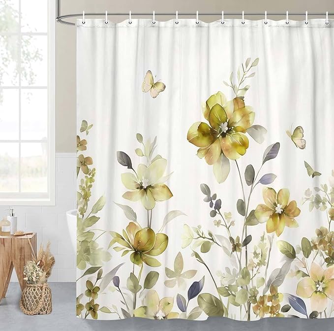 Yellow Floral Shower Curtain, Yellow Lavender Floral Butterfly Boho Shower Curtains for Bathroom, Farmhous Flower Cute Fabric Shower Curtain Set with 12PCS Hooks, 60X70IN
