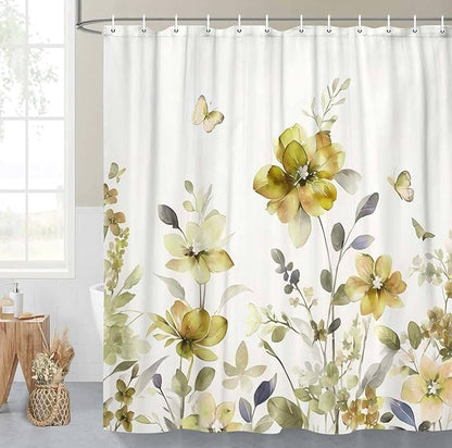Yellow Floral Shower Curtain, Yellow Lavender Floral Butterfly Boho Shower Curtains for Bathroom, Farmhous Flower Cute Fabric Shower Curtain Set with 12PCS Hooks, 60X70IN