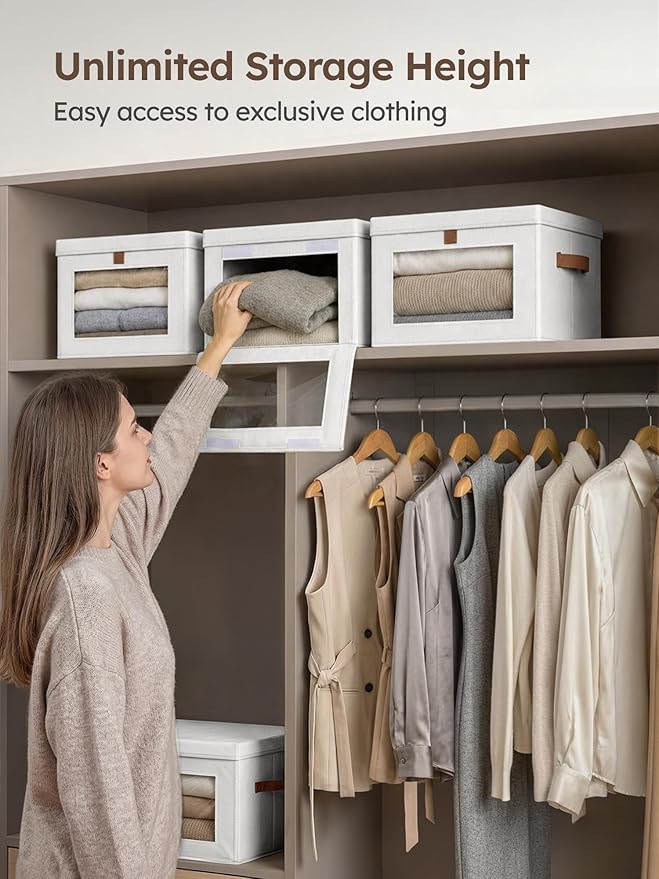 Homsorout Medium Fabric Storage Bins - Closet Shelf Organizer with Open Window, 3 Pack Closet Baskets for Shelves, Stackable Decorative Boxes for Home, Dorm, White, 13.7" x 9.8” x 9.8"