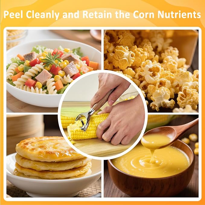Stainless Steel Corn Peeler, Durable Corn on the Cob Stripper Tool with Solid Wood Good Grip Handle for Salad Polenta Pizza Popcorn Cooking Gifts for Woman Her Mom Birthday (Hard Maple)