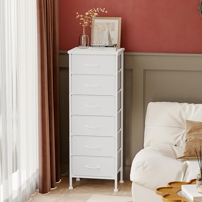 Fixwal White Tall Dresser for Bedroom Closet Organizers and Storage Tall Fabric Dresser with 6 Drawers, Small Clothes Storage Girl Bedroom Furniture