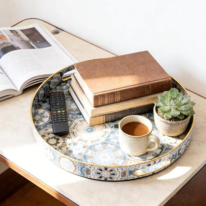 Round Serving Tray with Handles - Boho Coffee Table Tray Ottoman Tray,Large Trays for Ottoman Coffee Table,Modern Decorative Trays for Living Room
