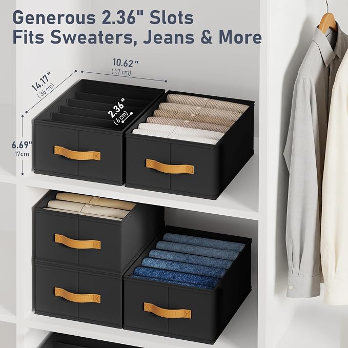 DIMJ Wardrobe Clothes Organizer - Foldable Closet Drawer Organizer Dividers for Jeans, Pants, Sweater, T Shirt, Storage Bins with Handles for Shelf