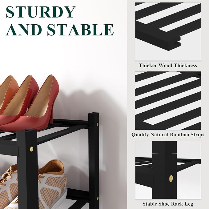 Smiry Small Bamboo Shoe Rack, 4 Tier Free Standing Wooden Shoe Organizer, Stackable Wood Shoe Storage Shelf for Closet, Entryway, 12 Vertical Slats, 2+2 Stack Standard Legs, 17.3"x11"x26", Black