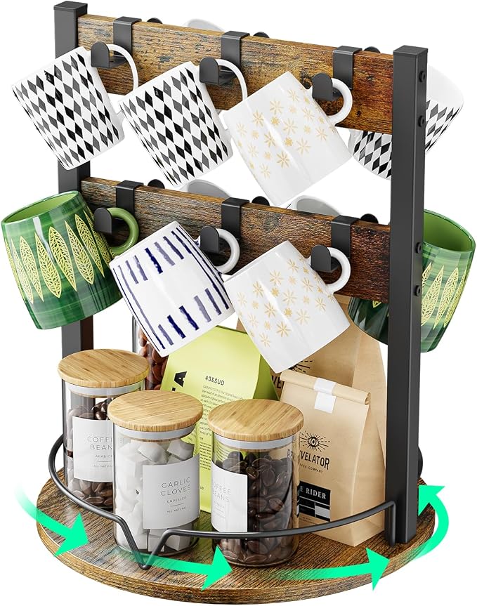 KLM Wood Coffee Mug Holder,12 Hook Mug Tree Holder Rack with Storage Base,Mug Display Organizer,Mug Holders for Home Kitchen,Support 360° rotation for easy access