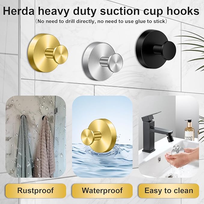 Herda Shower Hooks for Inside Shower, Reusable Stainless Steel Heavy Duty Suction Cup Hooks for Windows, Glass Door, Mirror, Tile, Waterproof Drill-Free Towel Hooks, Holds Up to 15 Lbs - 4 Pack, Black