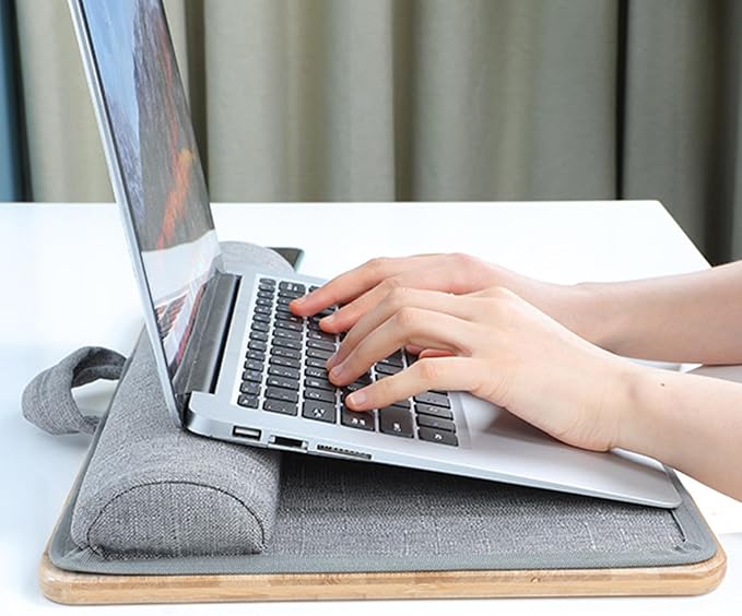 Lap Desk for Laptop with Cushion, Bamboo Laptop Stand with Anti-Slip Strip Tablet Phone Holder, Fits up to 14 inch Portable Computer Lap Desk for Couch, Bed & Car