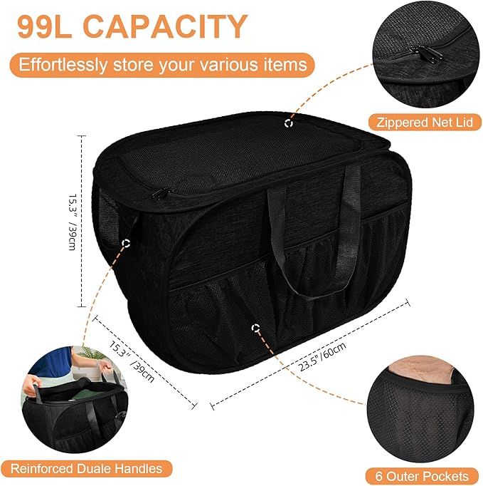 4 Pack Collapsible Laundry Baskets with Lid, Foldable Laundry Basket with 6 Pockets, Pop Up Laundry Hamper with Dual Handles, 99L Sturdy Clothes Hampers for Home, Dorm, Apartment, Travel, Black