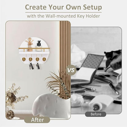 Nekon Key Holder for Wall - 9.8 Inch Apartment Wall Decor with Shelf and 8 Key Hooks, Circular Wood Key Hanger for Home Decor (White with Golden Hooks)