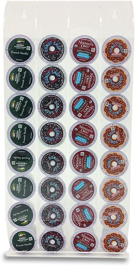 OnDisplay Wall Mount Acrylic Coffee Pod Holder Compatible with Keurig K-Cup Capsules, 32 Pod Capacity Clear K Cup Storage Organizer Rack for Kitchen Counter, Coffee Bar Stations and Pantry, No