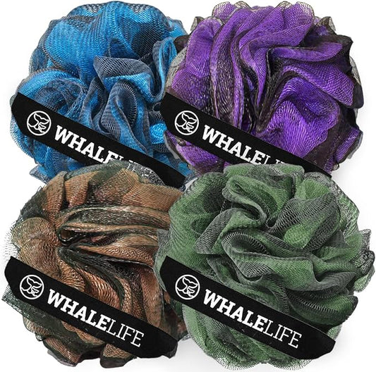 WhaleLife Loofah Bath Sponges - Gentle Exfoliating Shower Loofah for Rich Lather, Durable Matte Mesh Body Scrubber for Men & Women 4 Pack