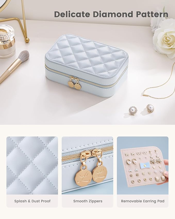 Lolalet Travel Jewelry Case for Women Girls, Travel Jewelry Organizer with Clear Storage Bag Small Portable Jewelry Box for Necklace Bracelet Earring Ring Valentines Bridesmaid Gifts -Medium/Blue