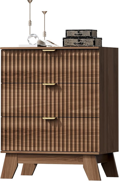 Fluted 3 Drawer Dresser for Bedroom, Mid Century Modern Beside Table with Metal Handle, Wooden Nightstand with 3 Drawers End Table for Living Room, Closet, Entryway, Walnut
