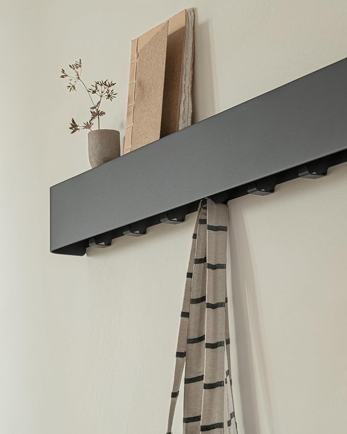 Kazai.® Coat Rack Wall Mount with Shelf 'Tone' | Modern Design Coat Hanger with Hidden Hooks and Storage | Hat Rack with Shelf in Metal | Wall-Mounted Purse Organizer | Black