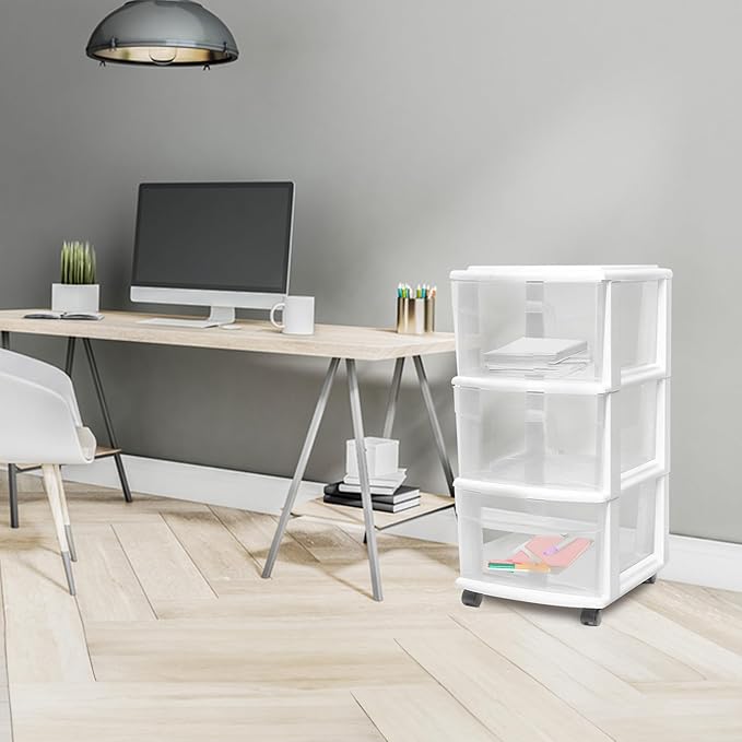HOMZ 3-Drawer Storage Cart, Plastic Home, Dorm, & Office Organizer, White Frame