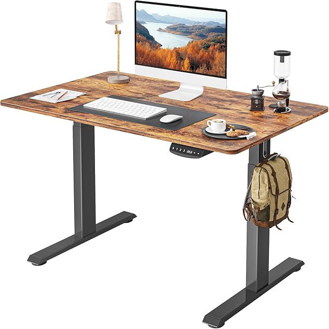 FEZIBO One-Piece Standing Desk Adjustable Height Stand up Home Office Desk, 40x24 Inch Electric Standing Computer Desk, with 4 Memory Presets, Headphone Hook, Rustic Brown