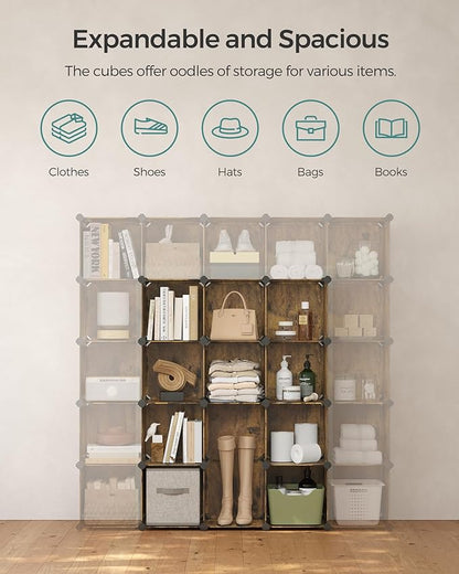 SONGMICS Cube Storage Organizer, Set of 16 Plastic Cubes, Closet Organizers and Storage, Room Organization, Bedroom Living Room, 12.2 x 48.4 x 48.4 Inches, Rustic Brown ULPC442A01