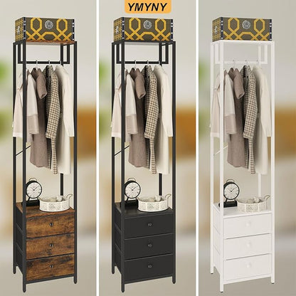 YMYNY Coat Racks, Clothes Rack with Drawers, Freestanding Tall Closet Organizer with 3 Fabric Drawers, Clothes Stand for Hanging Shirts, Coat,15.35" L×11.41" W×70.47" H, Black UHGR001B