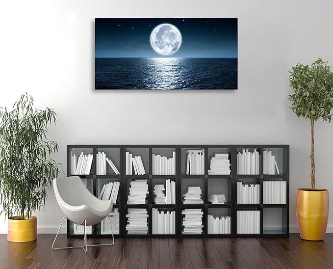 Aibonnly Wall Art Canvas Print Moon Sea Ocean Landscape 1 Panels Full moon Picture Painting Framed and Stretched Ready to Hang for Living Room Bedroom Office Home Decor Artwork 30x60inch