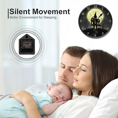 Wall Clock, Spooky Haunted House Non Ticking Wall Clocks Battery Operated, Black Wooden Wall Clocks for Living Room, Kitchen, Bedroom Decorative 10 Inch