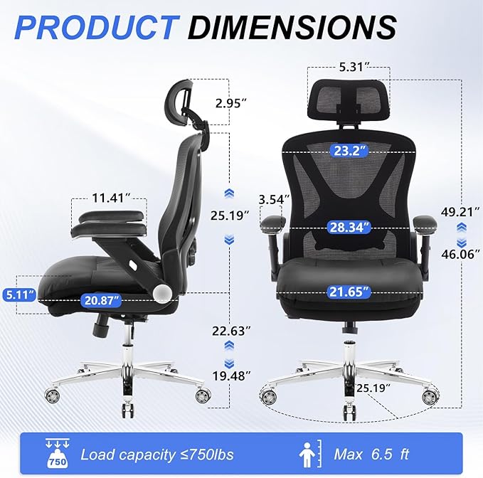 750lbs Ergonomic Office Chair,Upgrade Big and Tall Office Chairs for Heavy People,Mesh High Back Desk Chair with 5D Flip Arms Large Wheels,Adjustable Headrest & Lumbar Support,Wide Chairs