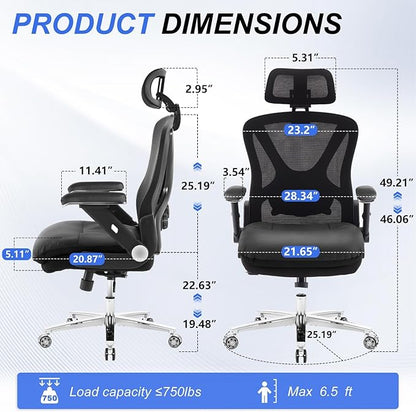 750lbs Ergonomic Office Chair,Upgrade Big and Tall Office Chairs for Heavy People,Mesh High Back Desk Chair with 5D Flip Arms Large Wheels,Adjustable Headrest & Lumbar Support,Wide Chairs