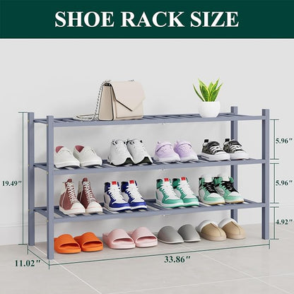Smiry Long Bamboo Shoe Rack, 3 Tier Free Standing Wooden Shoe Organizer, Stackable Wood Shoe Storage Shelf for Closet, Entryway, 14 Vertical Slats, 2+1 Stack Heavy-Duty Legs, 33.7"x11"x19.5", Grey