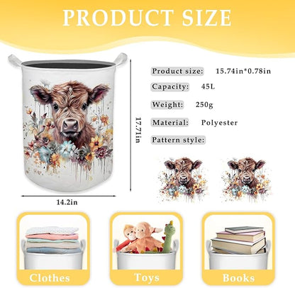 Cow Laundry Basket, Farmhouse Floral Cow Waterproof Collapsible Laundry Hamper Dirty Clothes Storage Toy Bin Organizer for Bathroom Bedroom Nursery Girls Kids Room