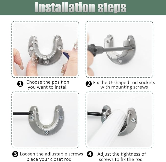 Cosweet 6 Packs Stainless Steel Closet Pole Sockets- Closet Rod End Supports, Flange Set Rod Holder with Screws for Easy Installation&Quick Removal (U Shaped)