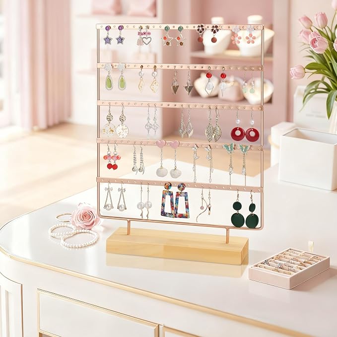 Earring Holder Organizer, 5-Tier Earring Organizer with 60-Pair Capacity, Wooden Base Metal Earring Display, Jewelry Storage & Display for Home Store, Suitable for Women
