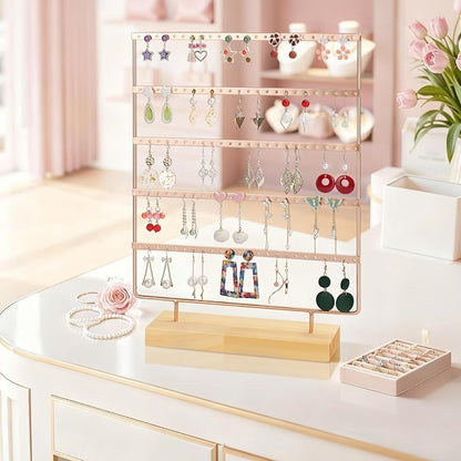 Earring Holder Organizer, 5-Tier Earring Organizer with 60-Pair Capacity, Wooden Base Metal Earring Display, Jewelry Storage & Display for Home Store, Suitable for Women