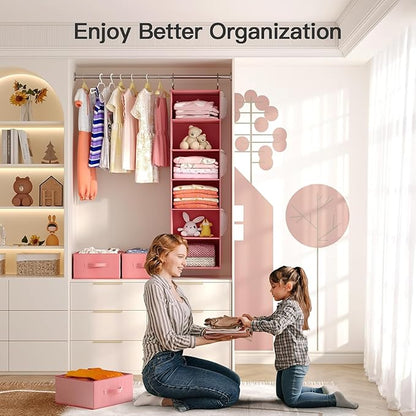 Pipishell Hanging Closet Organizer 6-Shelf, Hanging Shelves for Closet with 3 Removable Drawers & Side Pockets for Bedroom, Garment Rack and Wardrobe Organization, 12' x 12' x 43.3', Pink